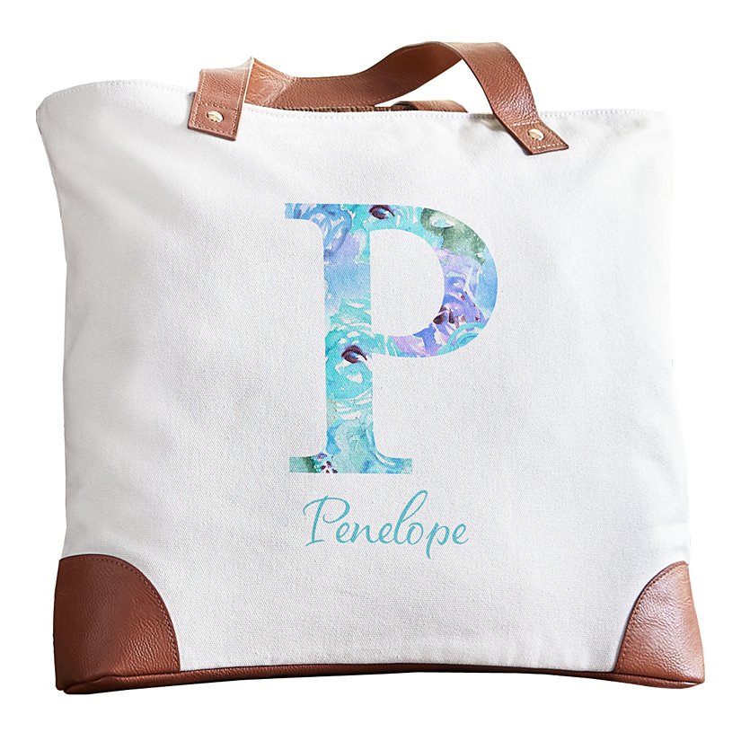Blooming Initial + Name Personalized Canvas Tote Bag