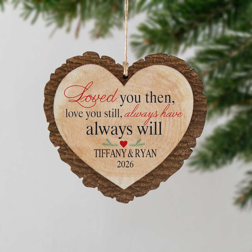 Forever Love Rustic Personalized Wood Heart Ornament