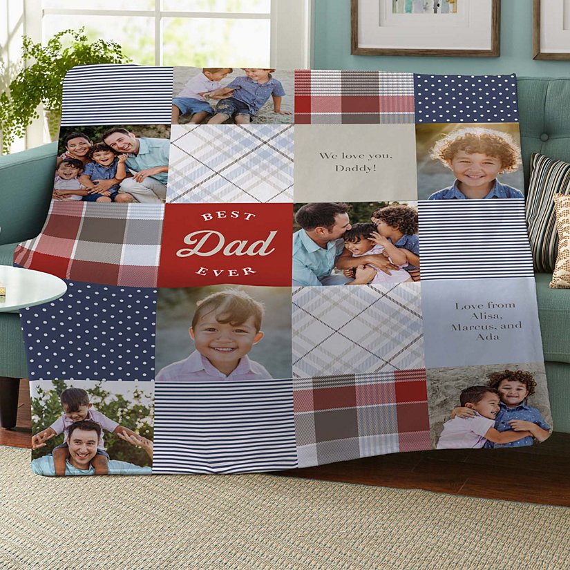 Patchwork Best Dad Personalized Memories Photo Plush Throw Blanket