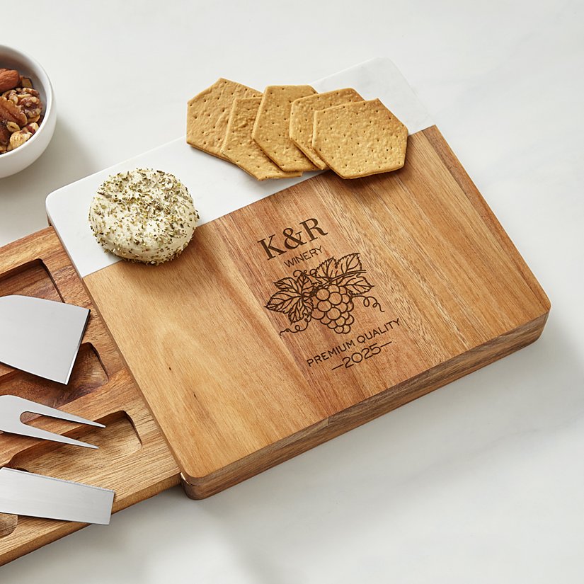 Winery Monogram Personalized Marble and Wood Cheese Board