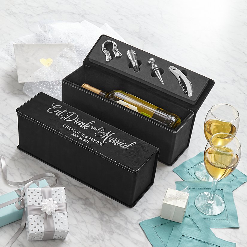 Celebrate, Sip & Be Wedded Personalized Leatherette Wine Box Set