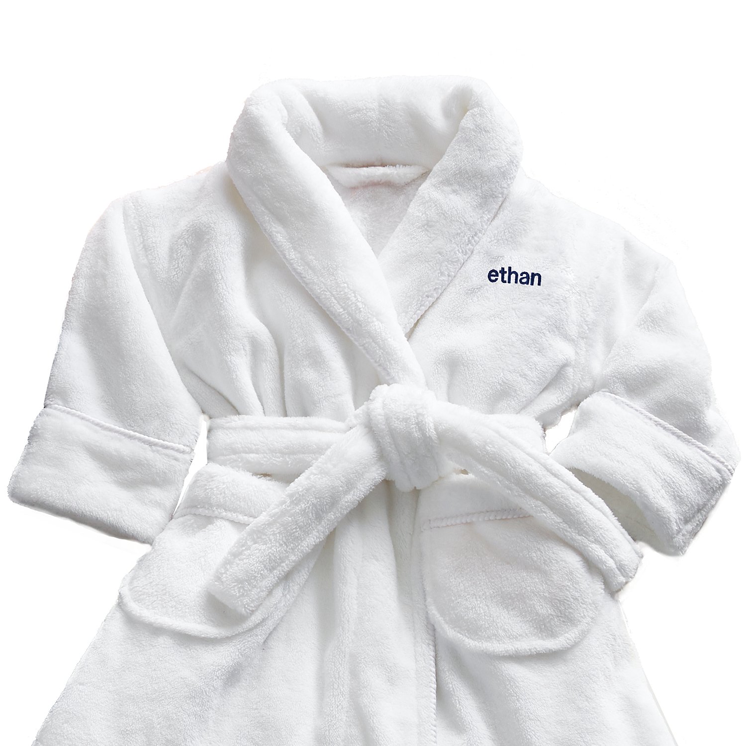 Cozy Plush Baby Robe - White - 6-12 Mths - Navy Thread