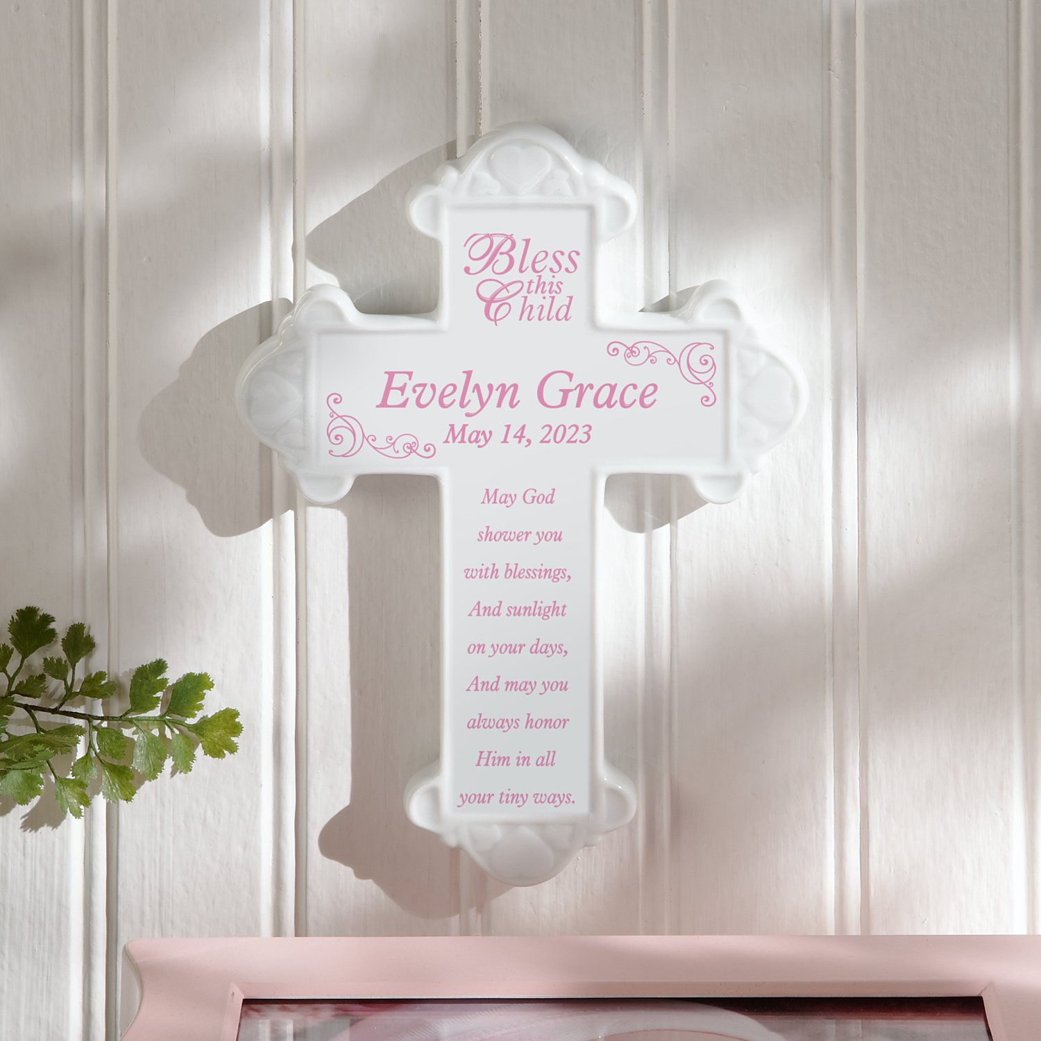 Cherish This Child Ceramic Cross - Pink