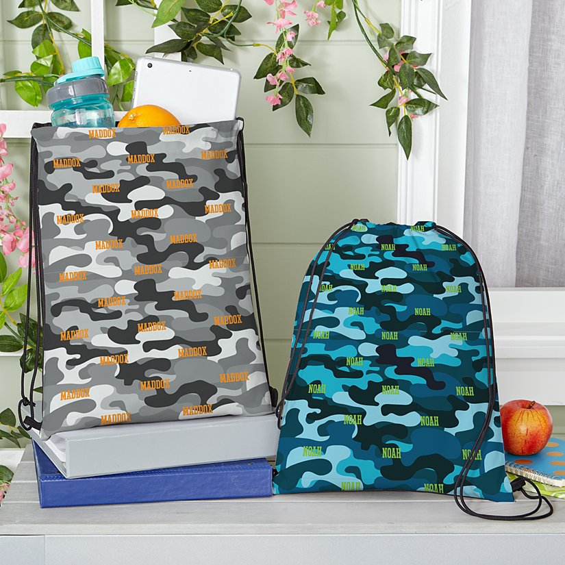 Camouflage Name Personalized Allover Print Drawstring Bags