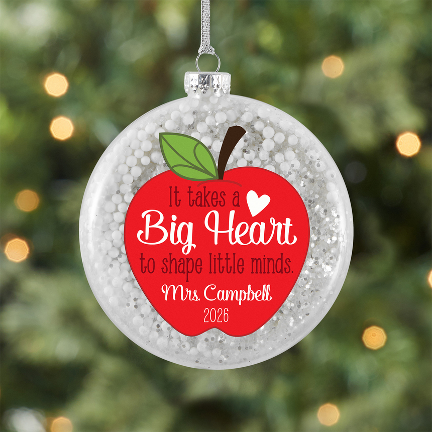 Big Heart Teacher Glitter Glass Ornament