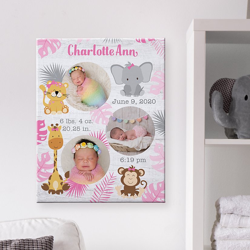 Adorable Jungle Animals Personalized Birth Story Canvas