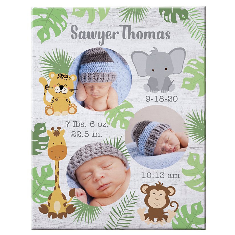 Adorable Jungle Animals Personalized Birth Story Canvas
