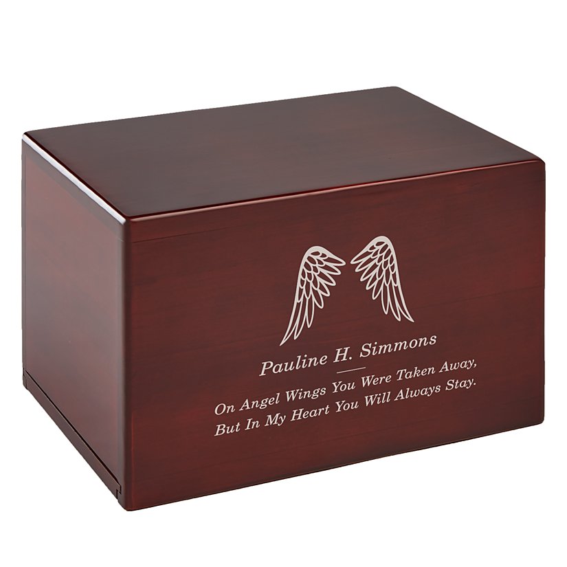 Angel's Wings Engraved Wood Cremation Urn 3 Angel's Wings Engraved Wood Cremation Urn