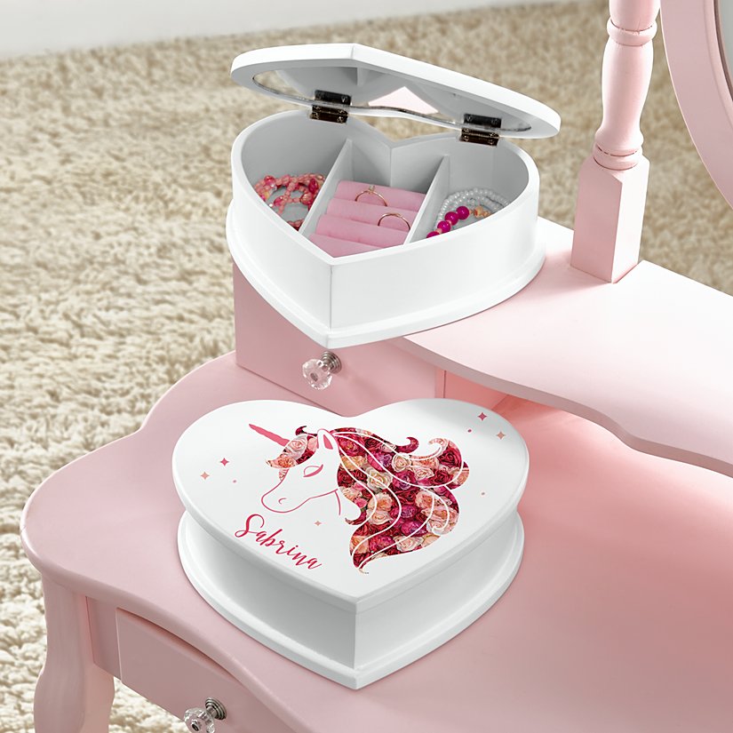Enchanted Unicorn Floral Heart-shaped Personalized Jewelry Box