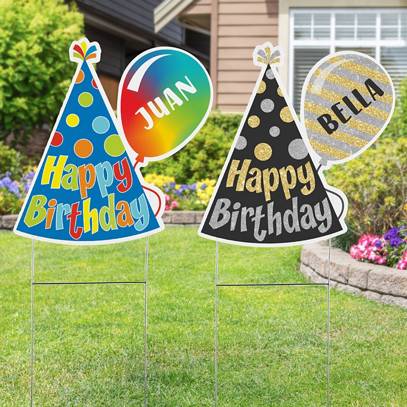 Birthday Celebration Hat & Balloon Personalized Lawn Sign